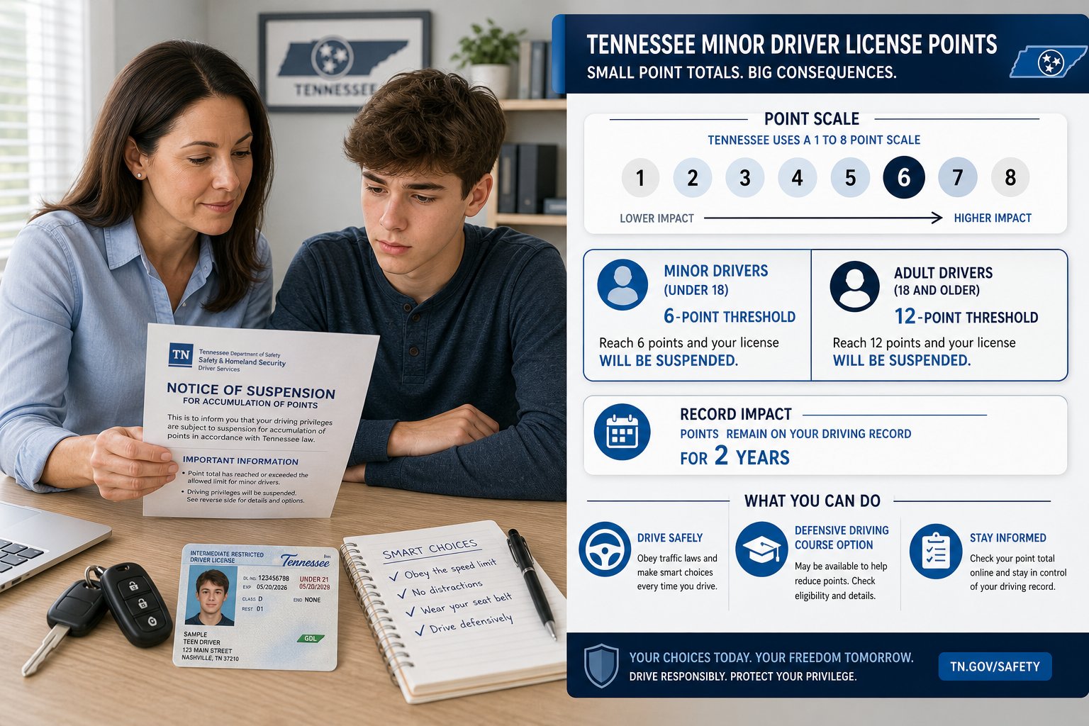 Tennessee Minor Driver License Points: Stricter Rules for Under-18 Drivers 1 Teen driver and parent reviewing Tennessee license points notice.