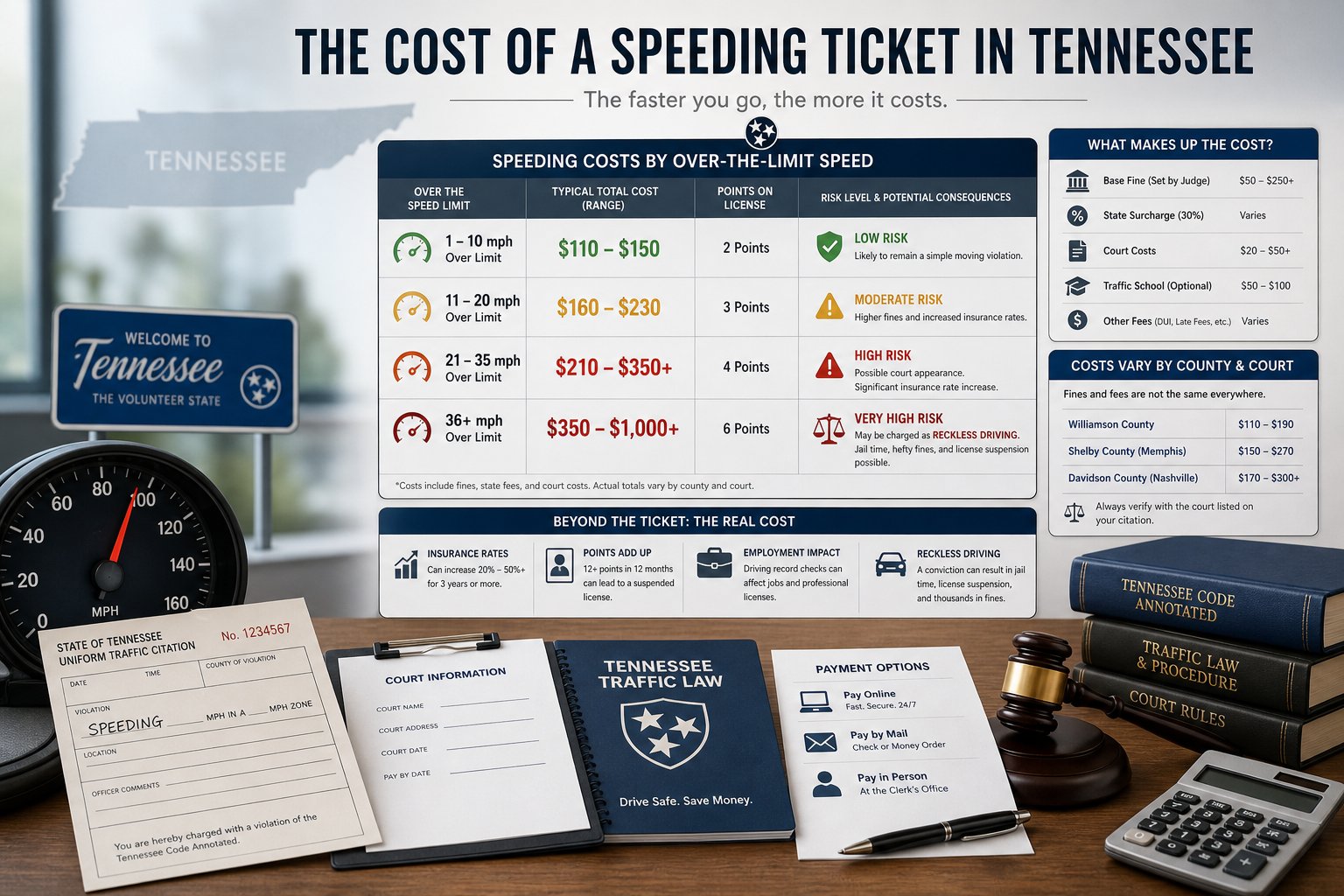 Tennessee Speeding Ticket Fines: What Affects the Cost? 1 Tennessee speeding ticket and traffic court paperwork