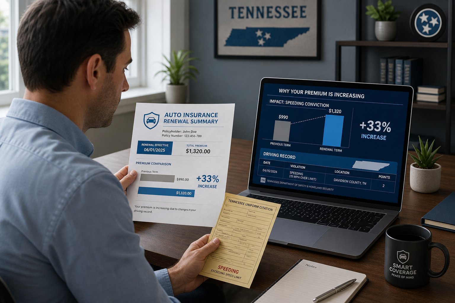 How Does a Tennessee Speeding Ticket Affect Your Car Insurance? 1 Tennessee speeding ticket and traffic court paperwork