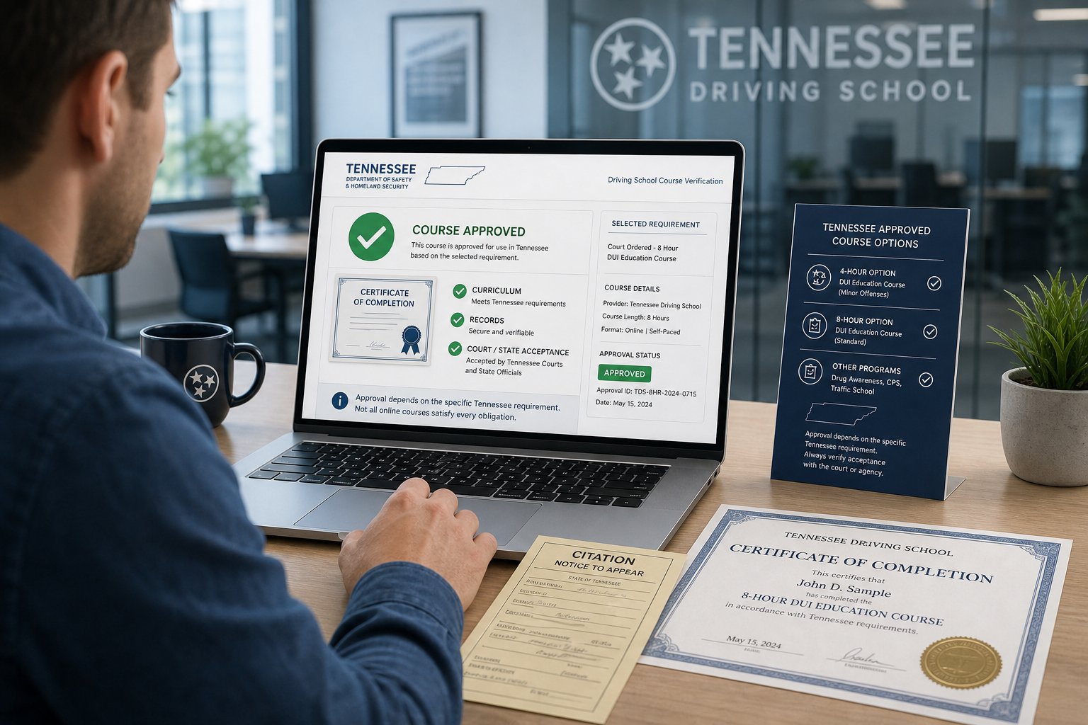 Tennessee State-Approved Defensive Driving Course: What It Means and How to Verify 1 Tennessee driver comparing state-approved defensive driving course options on a laptop