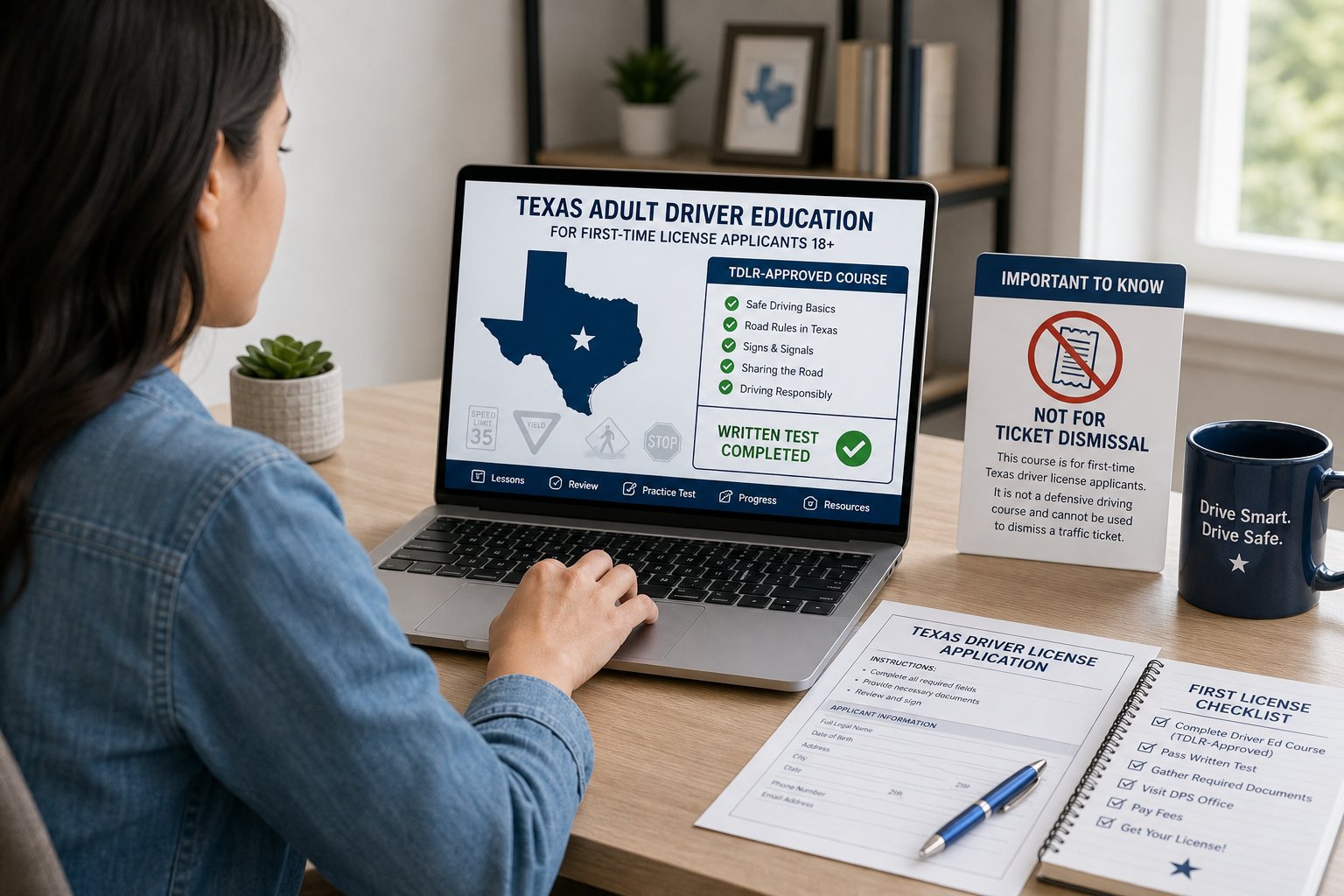 How the Texas 6-Hour Adult Driver Education Course Works Online 1 Adult completing Texas driver education course online for a first license.