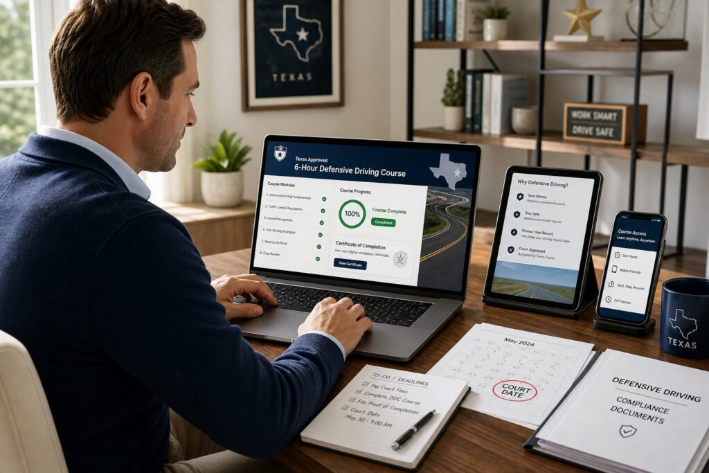 Blog Articles 4 Texas driver taking an online defensive driving course with a traffic ticket.