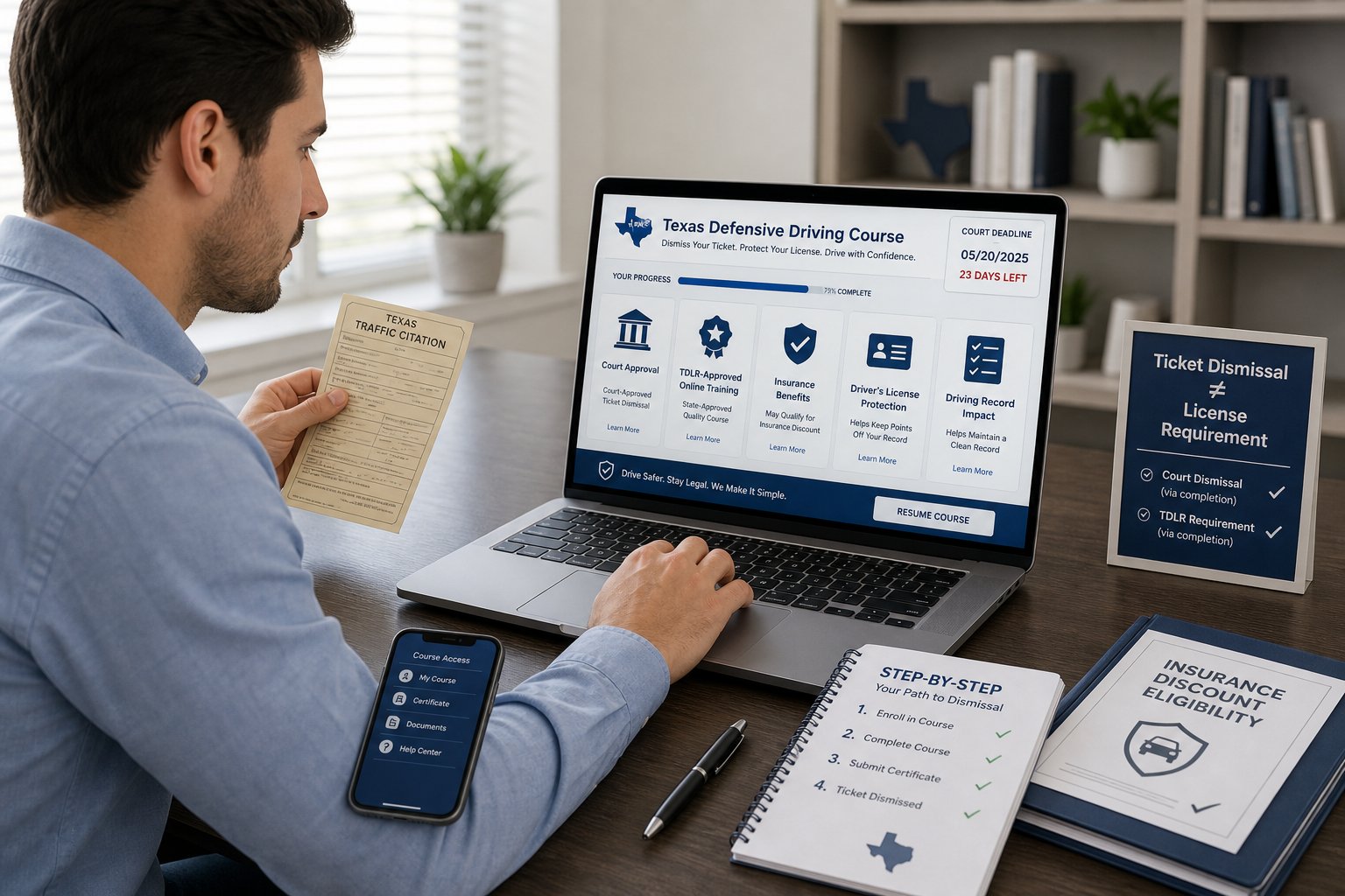 How the Texas 6-Hour Driver Safety Course Works Online 1 Texas driver taking an online defensive driving course with a traffic ticket.