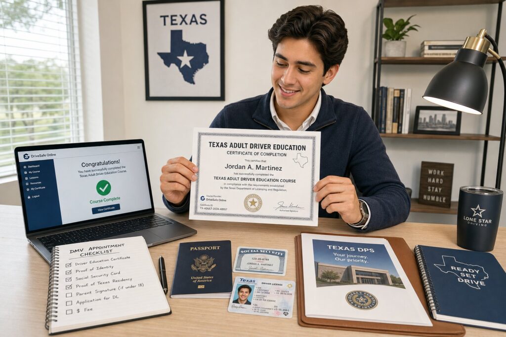 Blog Articles 10 Adult reviewing Texas driver education certificate on a laptop.