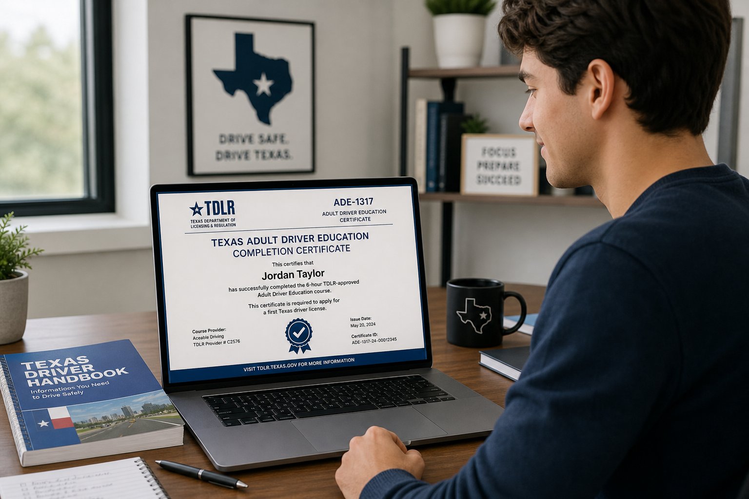Texas ADE-1317 Certificate: What It Is and How to Use It at DPS 1 Adult reviewing Texas driver education certificate on a laptop.