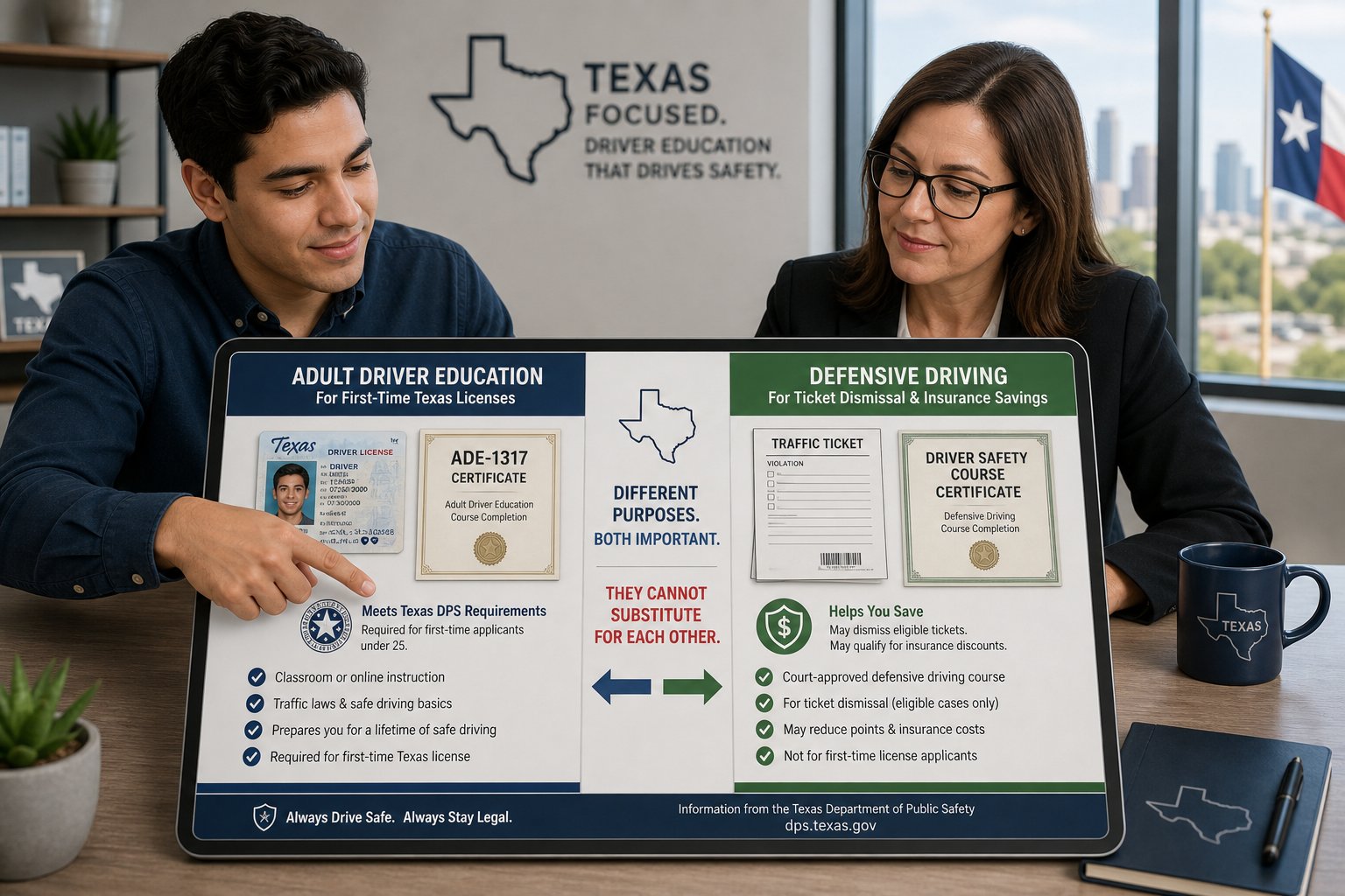 Texas Adult Driver Education vs. Defensive Driving Course: What's the Difference? 1 Adult reviewing a TDLR-approved Texas adult driver education course