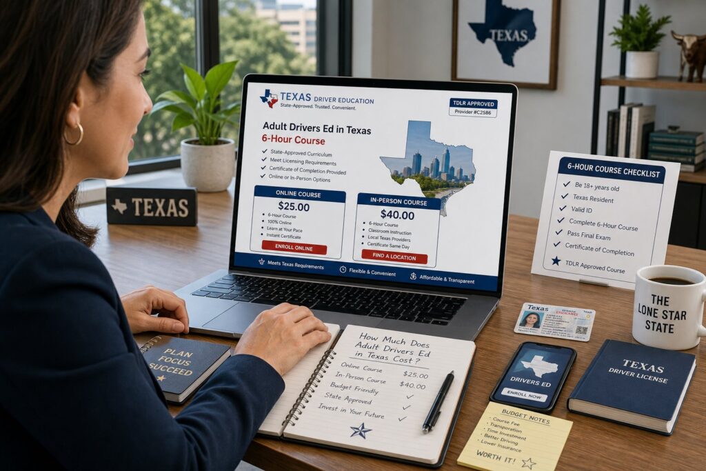 Blog Articles 8 Adult learner reviewing Texas drivers ed course costs on a laptop.