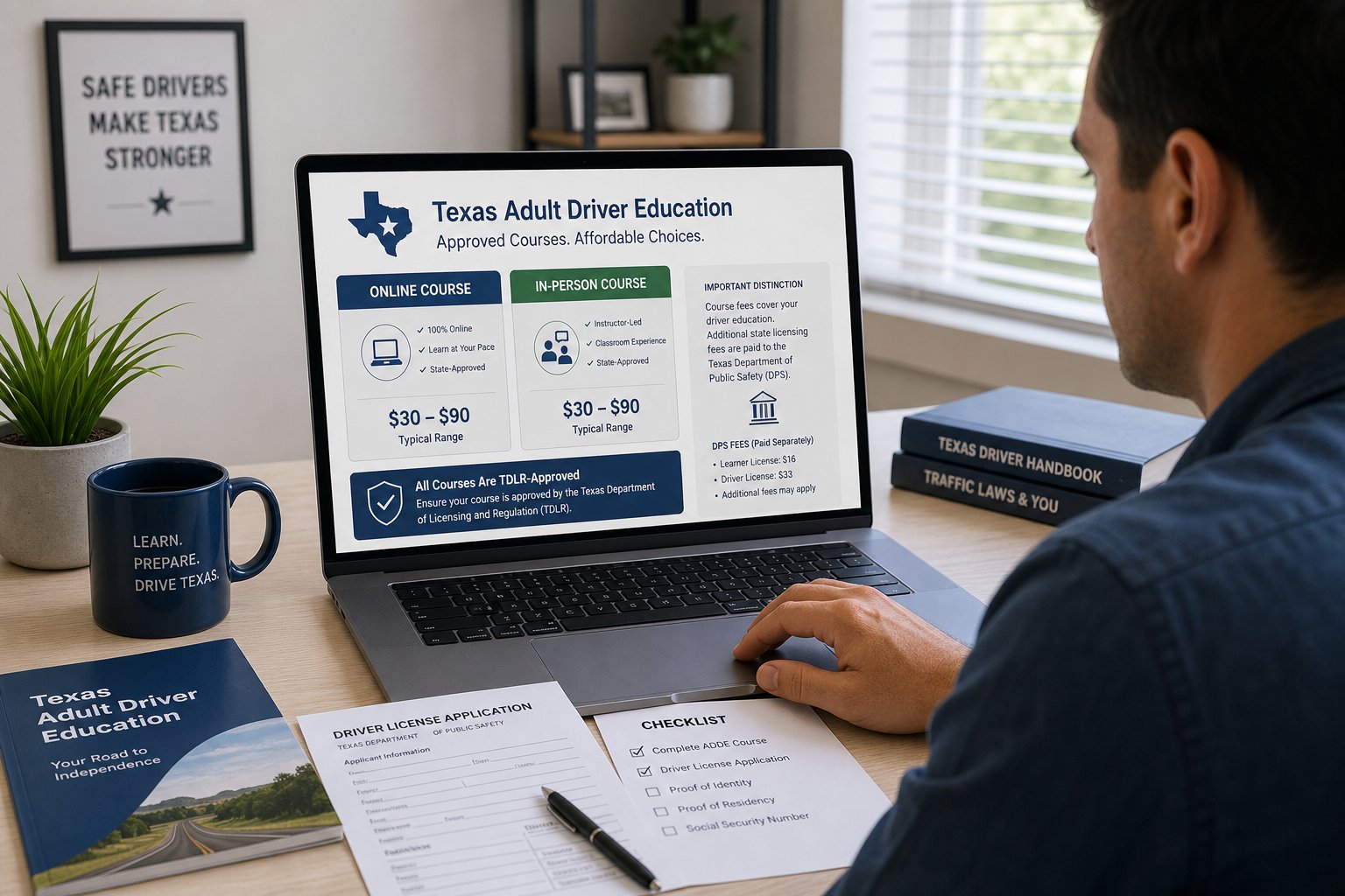 Texas Adult Driver Education Cost: What to Expect 1 Adult learner reviewing Texas drivers ed course costs on a laptop.