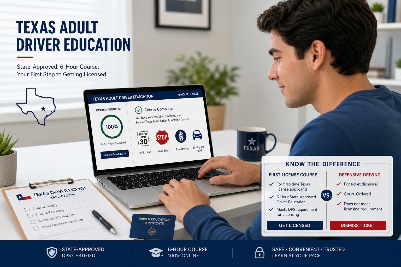 Texas Adult Driver Education (ADE) Course: The Complete Guide 1 Adult learner taking Texas driver education course on a laptop.