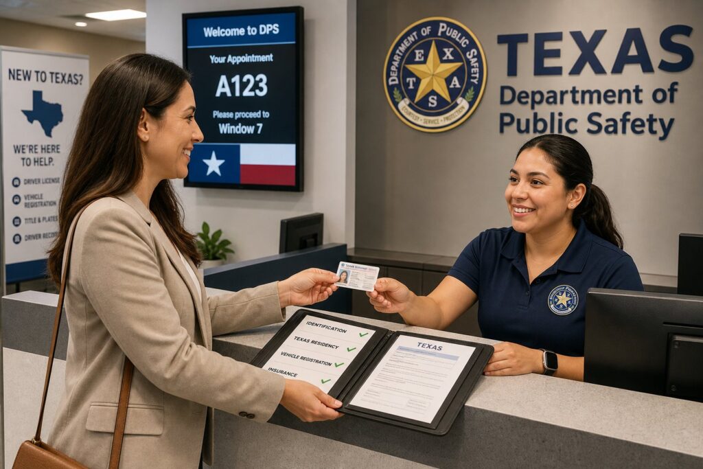 Blog Articles 6 New Texas resident transferring an out-of-state driver’s license at a DPS office.