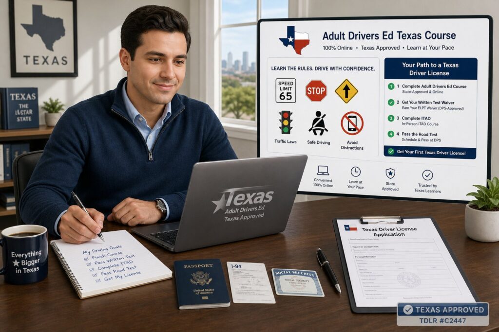 Blog Articles 5 Adult learner taking Texas drivers ed course on a laptop.