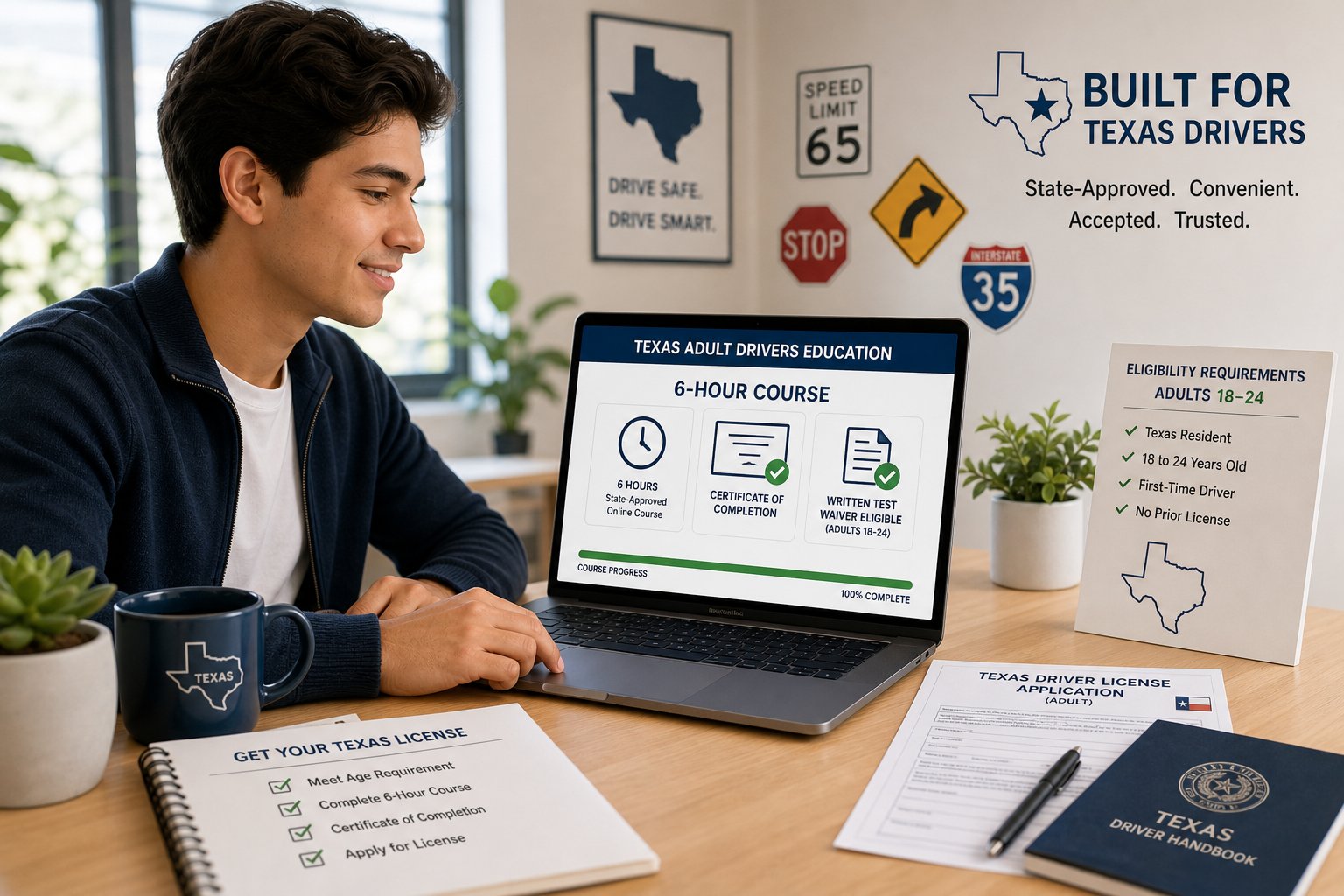 Texas Adult Driver Education for Adults Over 25: Is It Required? 1 Adult learner taking Texas drivers ed course on a laptop.