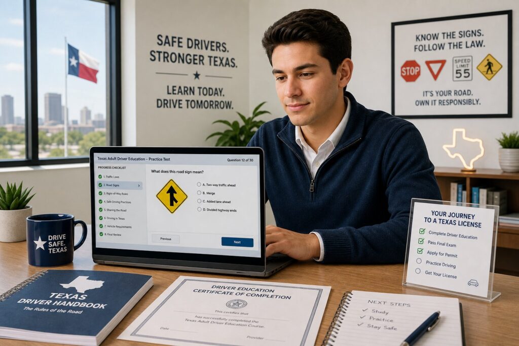 Blog Articles 4 Adult completing Texas driver education course on a laptop.