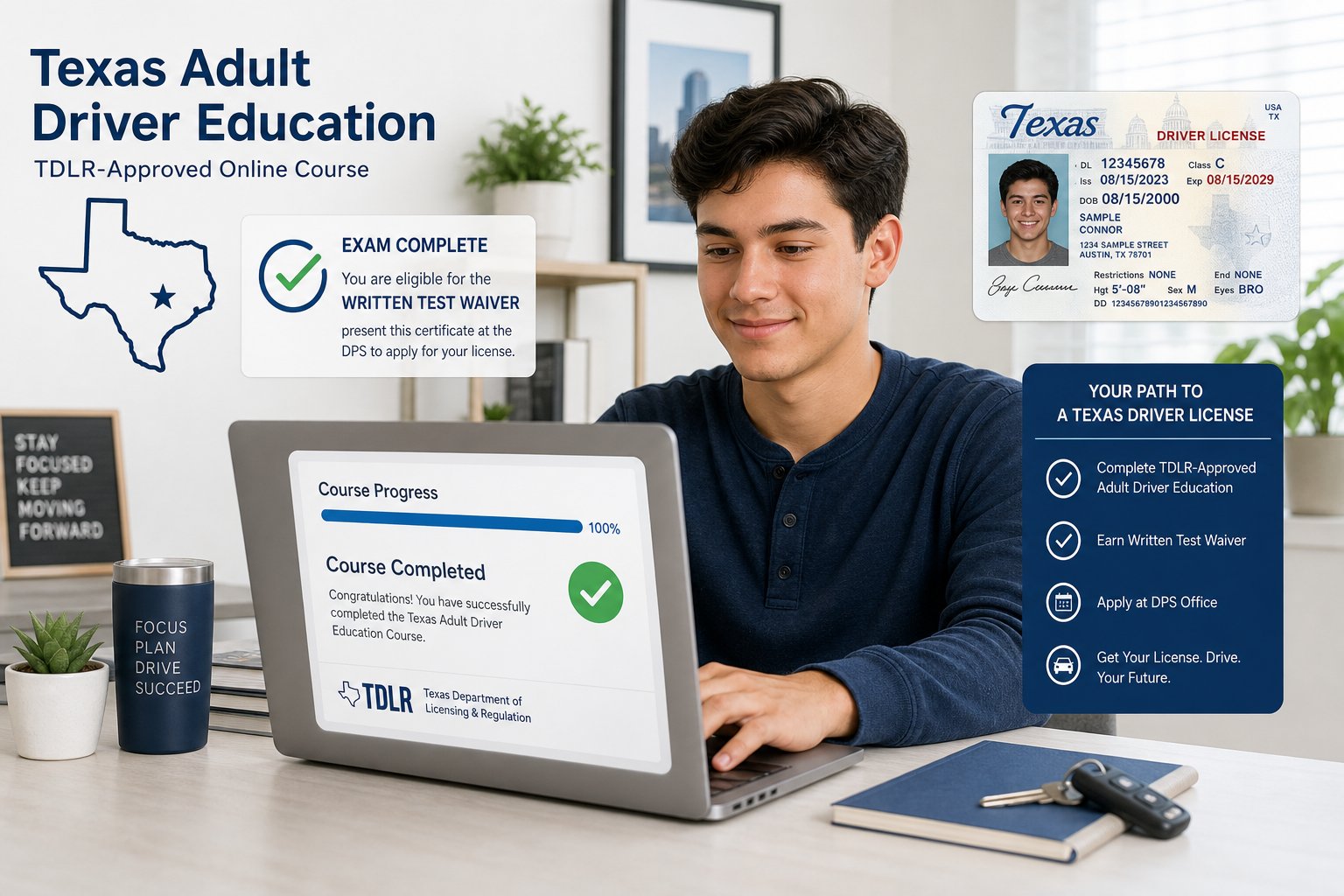 Texas Adult Driver Education Course Test: What to Expect 1 Adult completing Texas driver education course on a laptop.