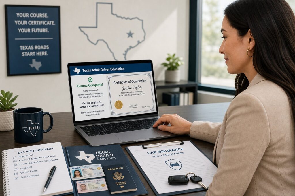 Blog Articles 3 Adult learner completing Texas driver education course to waive written test.