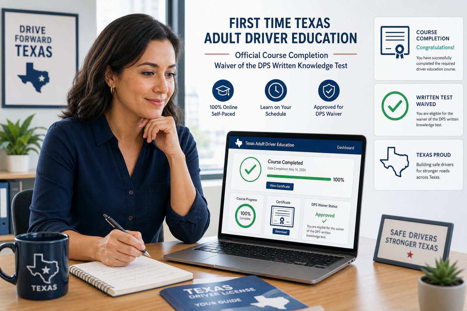 Does Texas Adult Driver Education Waive the Written Test at DPS? 1 Adult learner completing Texas driver education course to waive written test.
