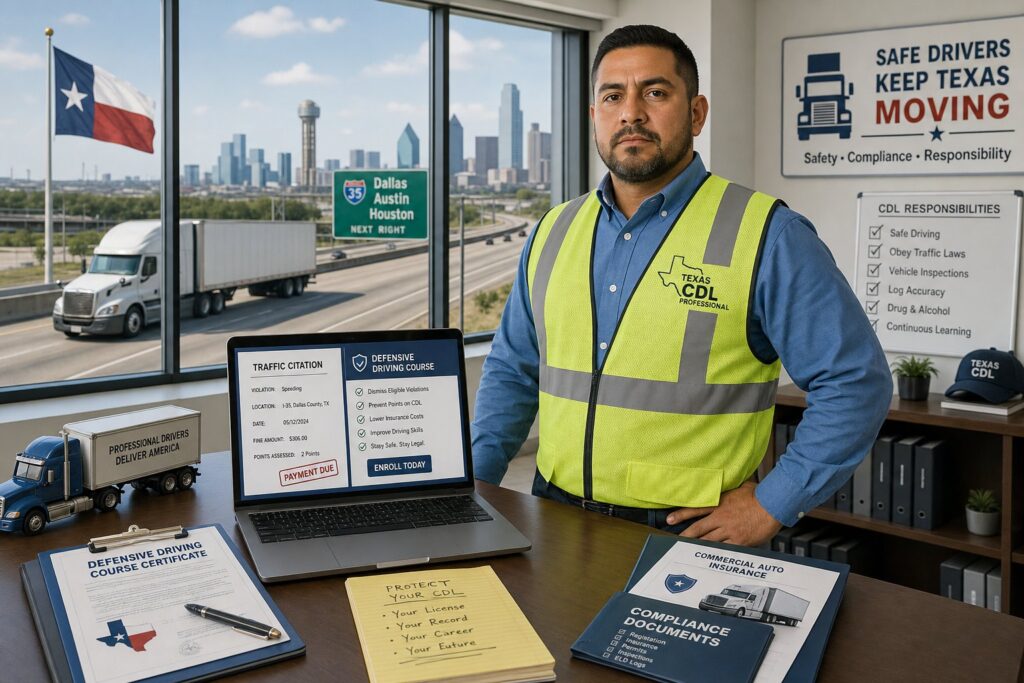 Blog Articles 3 Texas CDL driver reviewing defensive driving training beside a commercial truck.