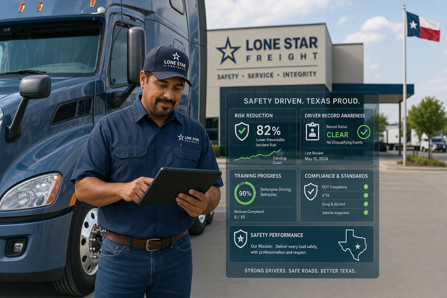 Texas CDL Holders and the Driver Safety Course: Why Commercial Drivers Can't Use It 1 Texas CDL driver reviewing defensive driving training beside a commercial truck.