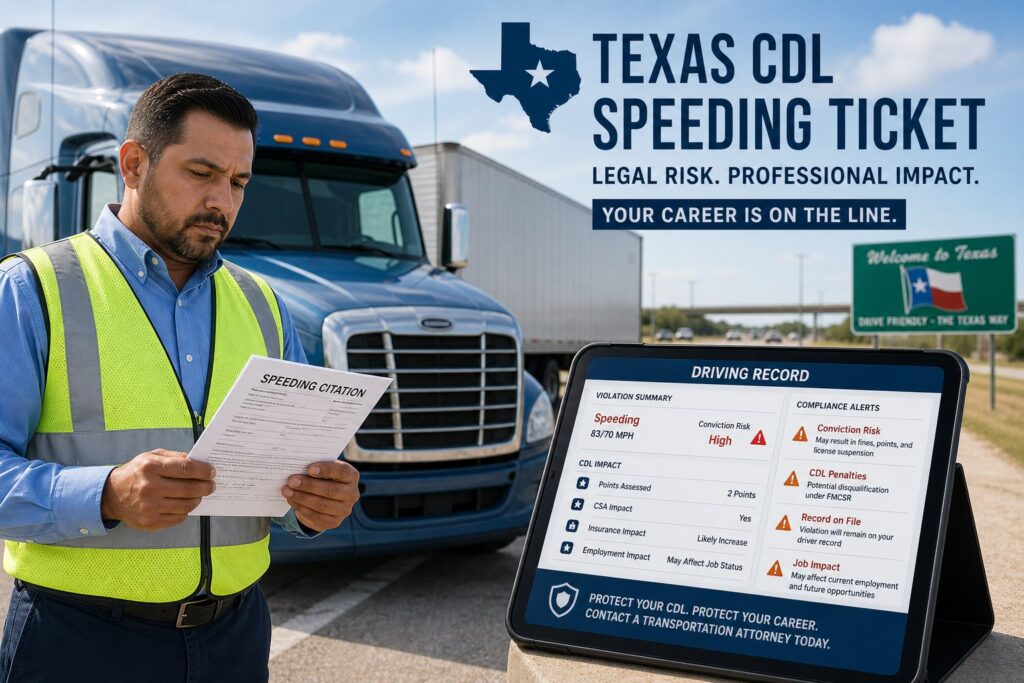 Blog Articles 2 CDL truck driver reviewing a speeding ticket beside a semi-truck in Texas.