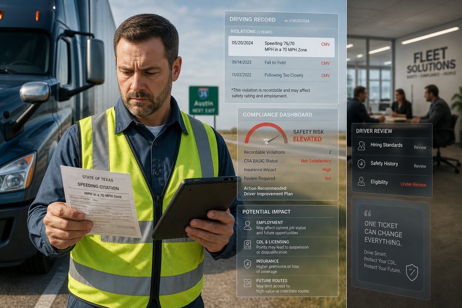 Texas Speeding Ticket for CDL Holders: Federal Rules and Higher Stakes 1 CDL truck driver reviewing a speeding ticket beside a semi-truck in Texas.