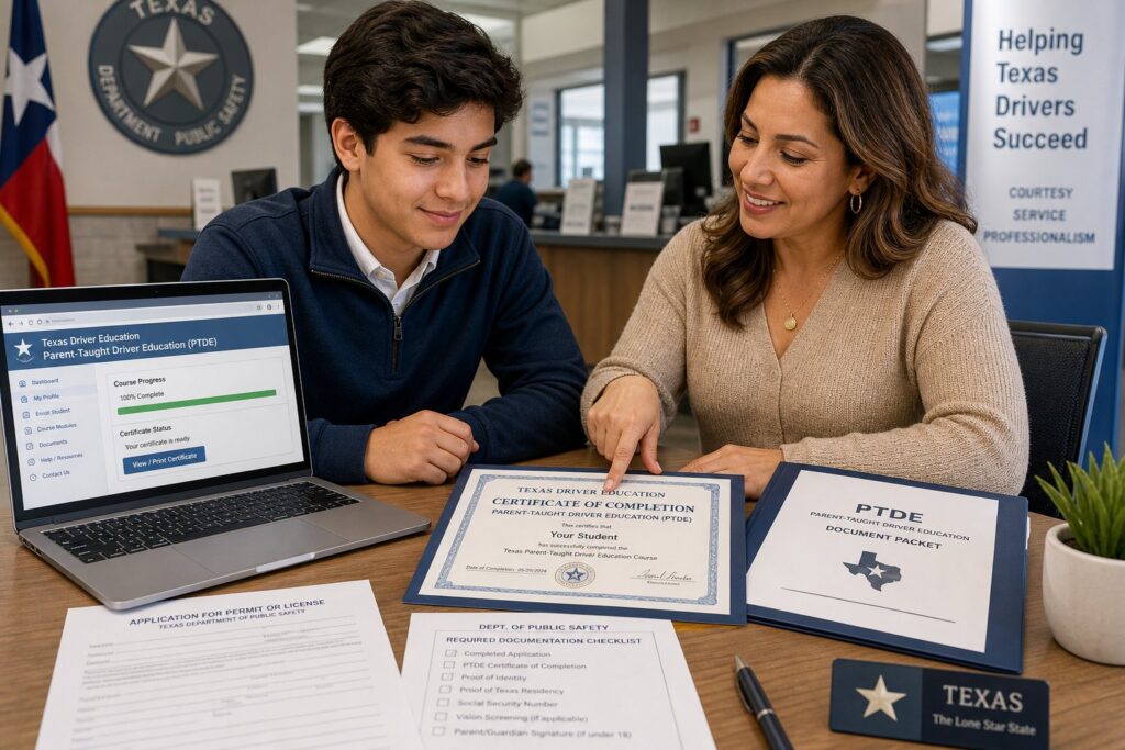 Blog Articles 3 Texas teen and parent working through a TDLR-approved driver education course