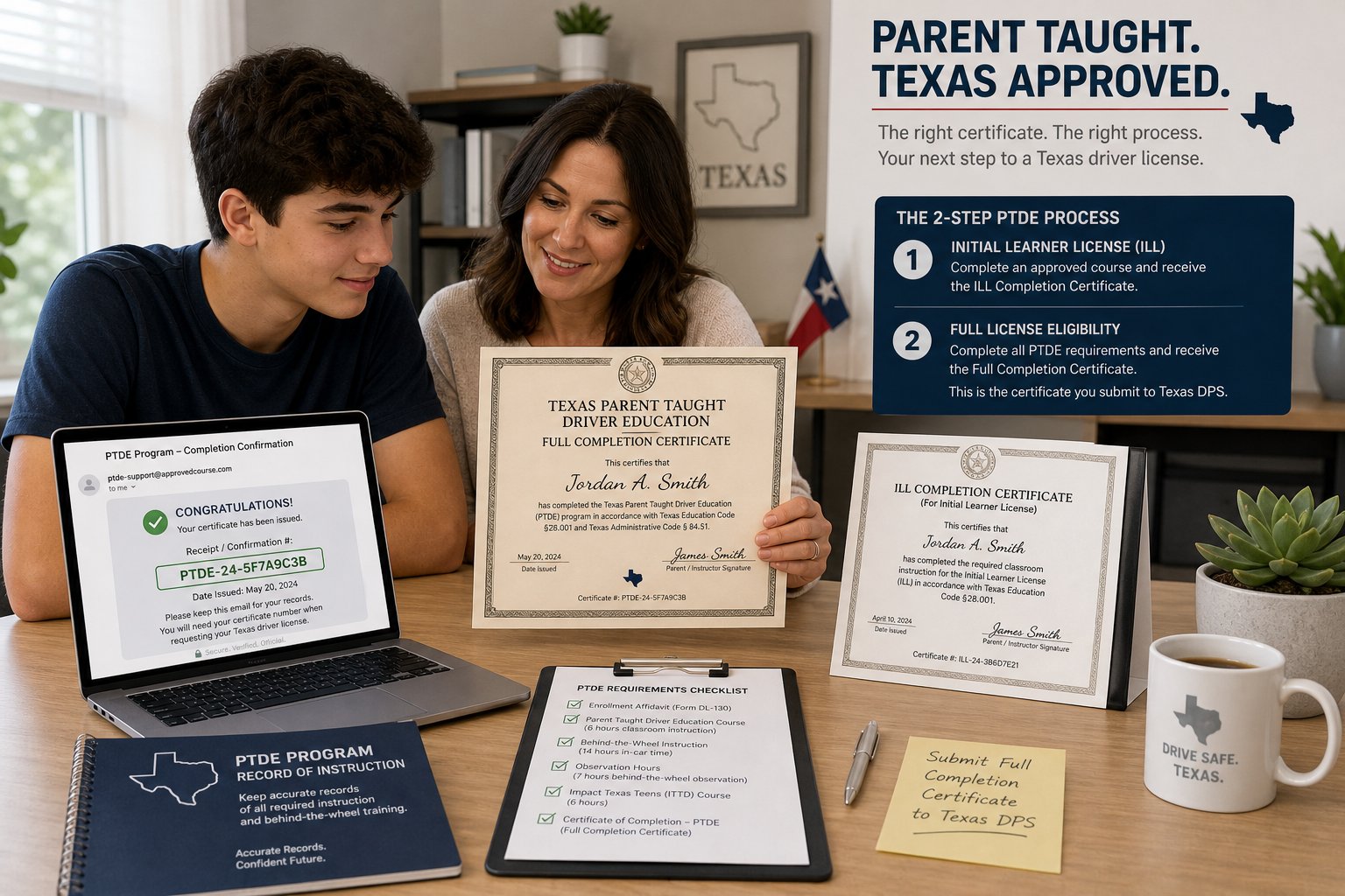Texas Driver Education Certificate DE-964: What It Is and How to Use It 1 Texas teen and parent working through a TDLR-approved driver education course