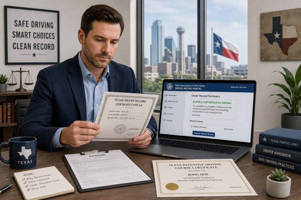 Blog Articles 12 Professional reviewing Texas driving record and defensive driving course status.
