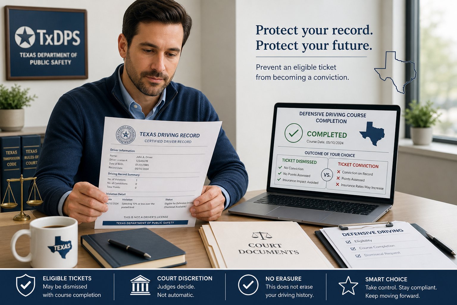 Texas Defensive Driving and Your Driving Record: What It Can and Cannot Do 1 Professional reviewing Texas driving record and defensive driving course status.