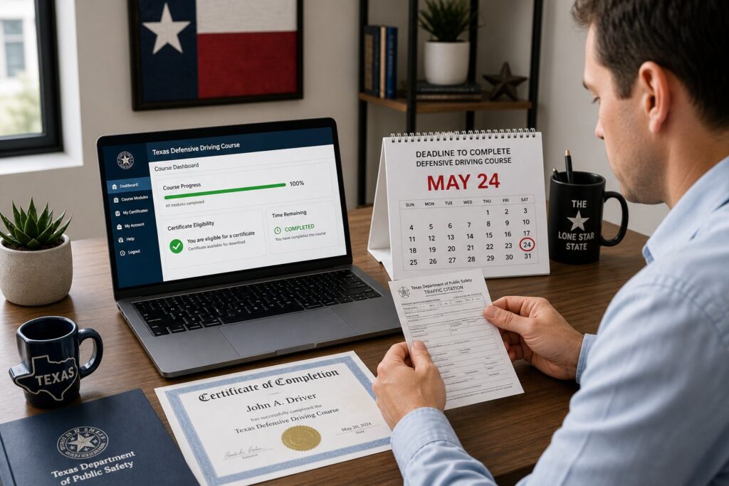 Blog Articles 11 Texas ticket deadline calendar and defensive driving course paperwork on desk.
