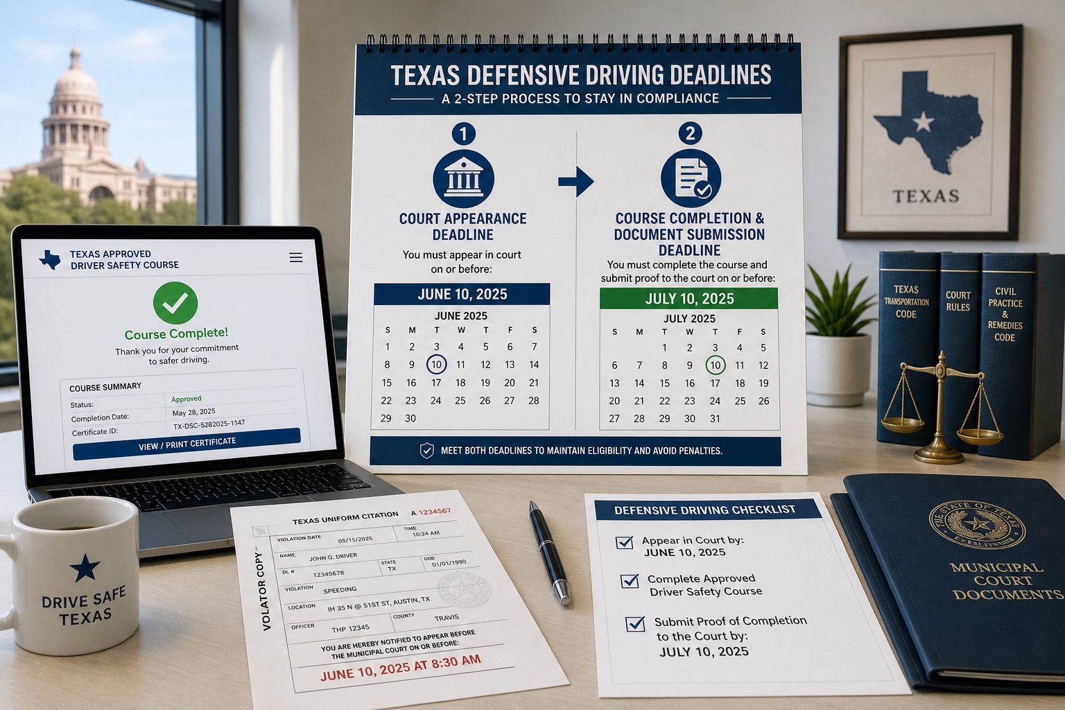 Texas Defensive Driving Deadline: Request Before the Appearance Date 1 Texas ticket deadline calendar and defensive driving course paperwork on desk.