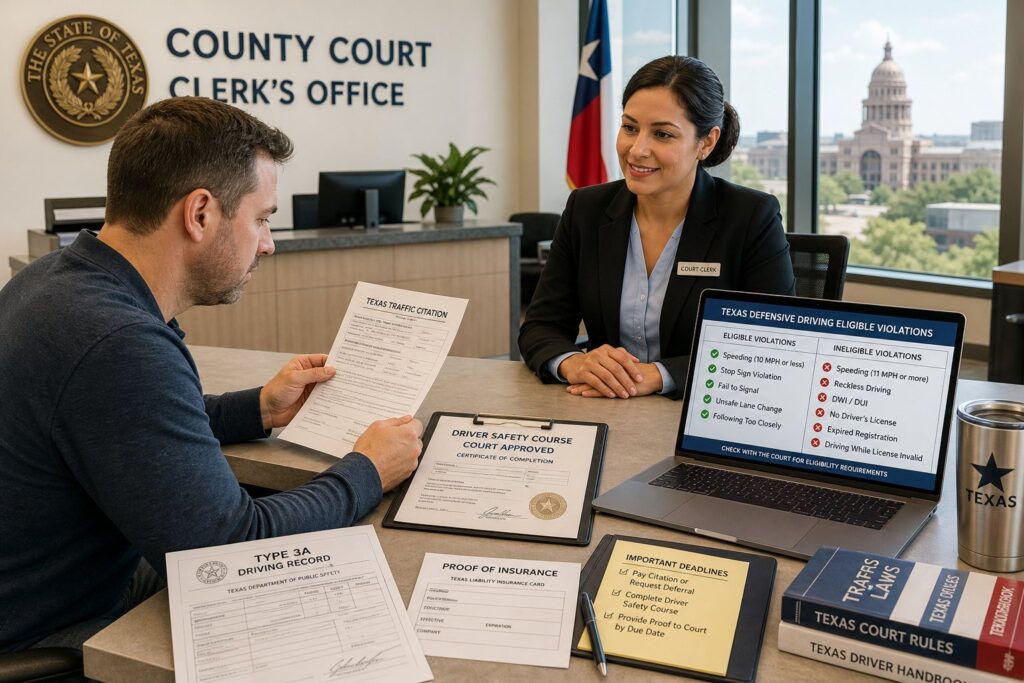Blog Articles 10 Driver reviewing a Texas traffic ticket and defensive driving course options.
