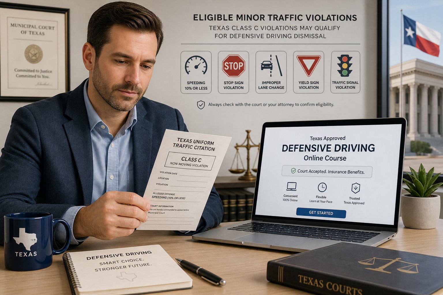 What Texas Traffic Violations Qualify for Defensive Driving Dismissal? 1 Driver reviewing a Texas traffic ticket and defensive driving course options.