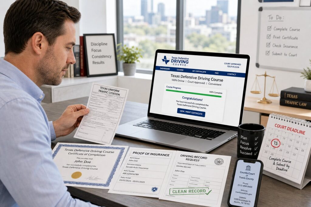 Blog Articles 9 Driver reviewing Texas ticket and online defensive driving course at desk.