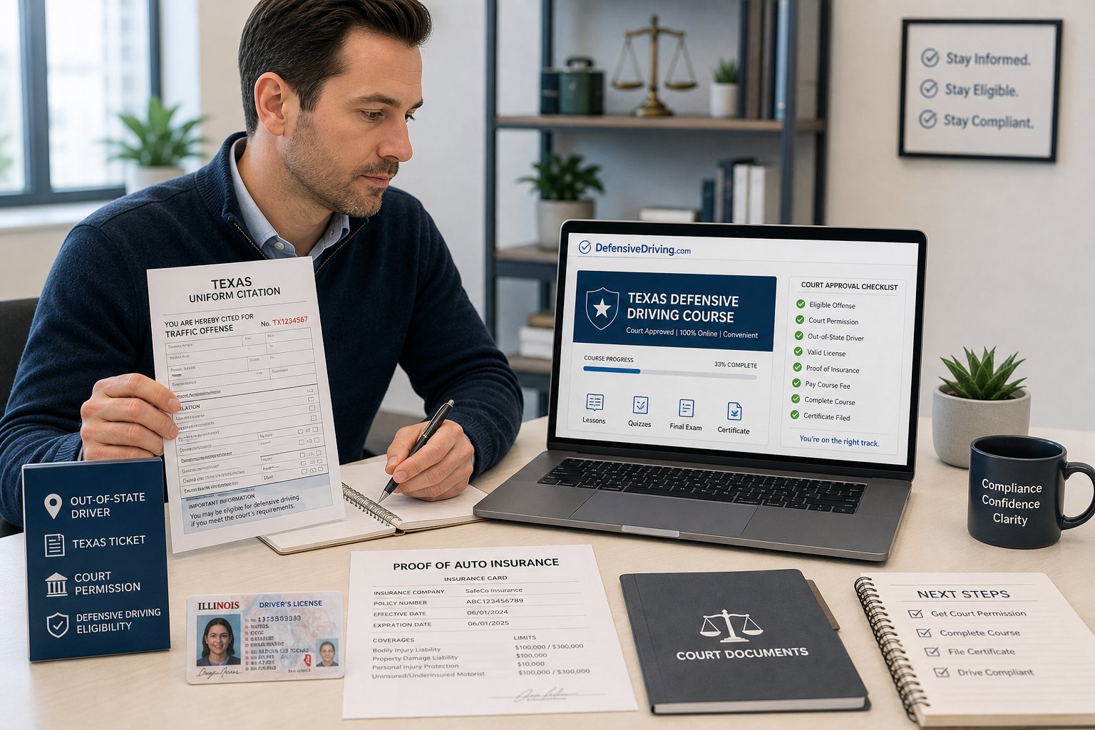 Texas Defensive Driving for Out-of-State Drivers: What You Need to Know 1 Driver reviewing Texas ticket and online defensive driving course at desk.