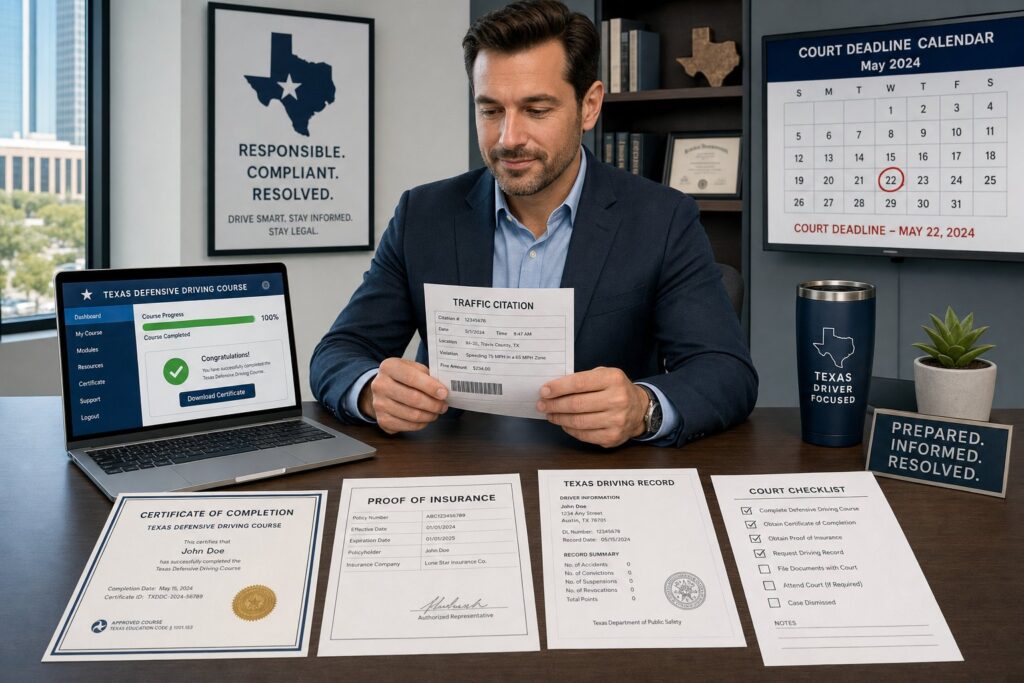 Blog Articles 8 Driver reviewing Texas ticket dismissal documents at a modern desk.