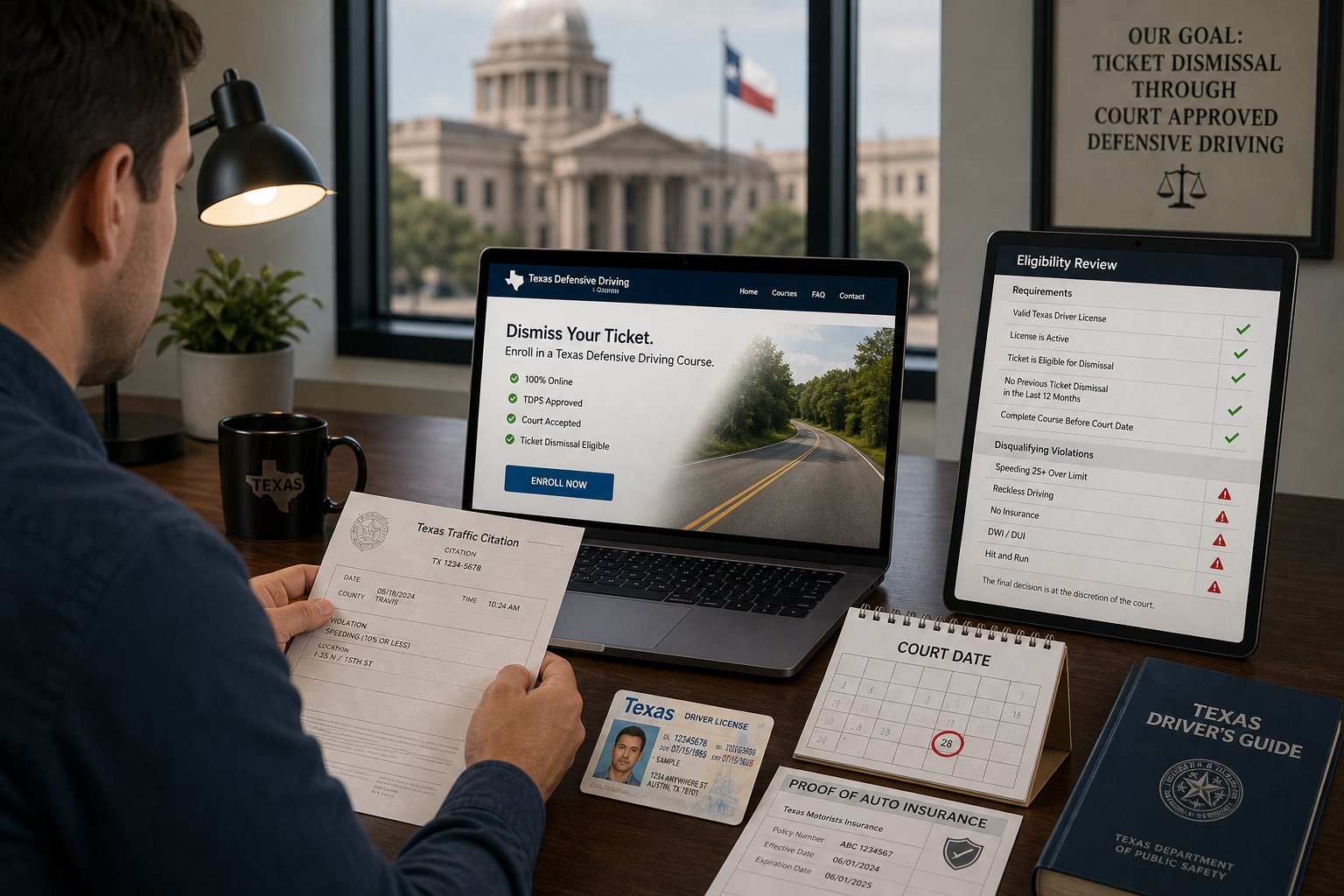 Texas Defensive Driving for Ticket Dismissal: The Complete Guide 1 Driver reviewing Texas ticket dismissal documents at a modern desk.