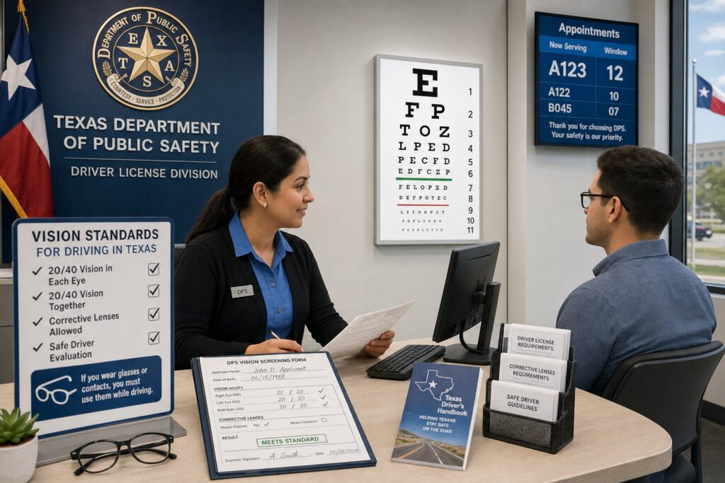Blog Articles 2 Applicant taking a vision test at a modern Texas DPS office.