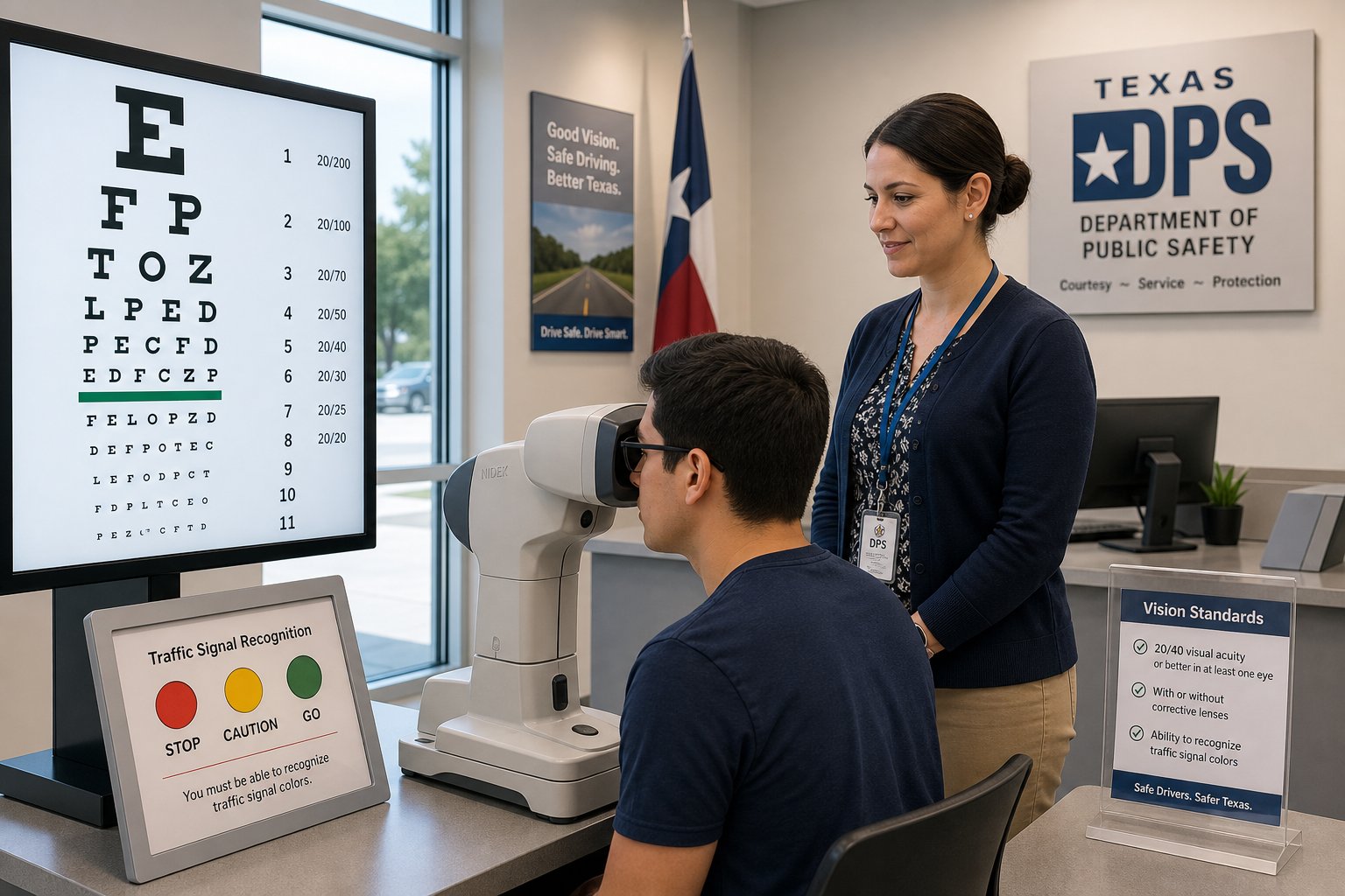 Texas DPS Vision Test: What to Expect 1 Applicant taking a vision test at a modern Texas DPS office.