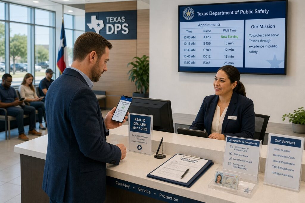 Blog Articles 1 Driver license applicant checking in at a modern Texas appointment office.