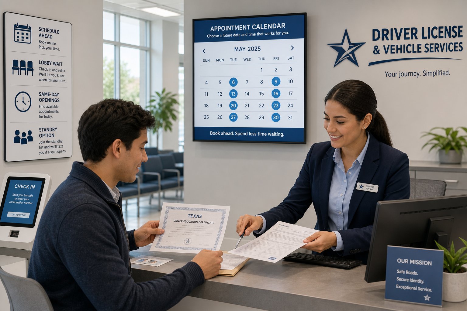 Texas DPS Wait Times: How Far in Advance Do You Need to Book Your License Appointment? 1 Driver license applicant checking in at a modern Texas appointment office.