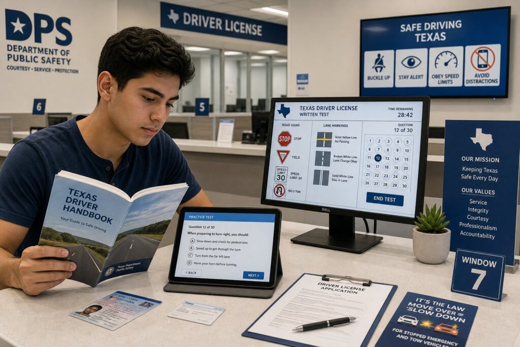 Blog Articles 10 Applicants reviewing Texas driver’s license test requirements in a modern licensing office.