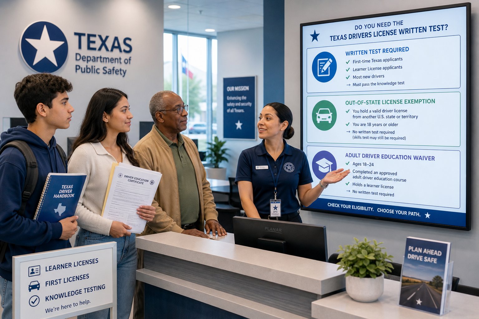 Texas DPS Written Knowledge Test: What It Covers and How ADE May Help 1 Applicants reviewing Texas driver’s license test requirements in a modern licensing office.