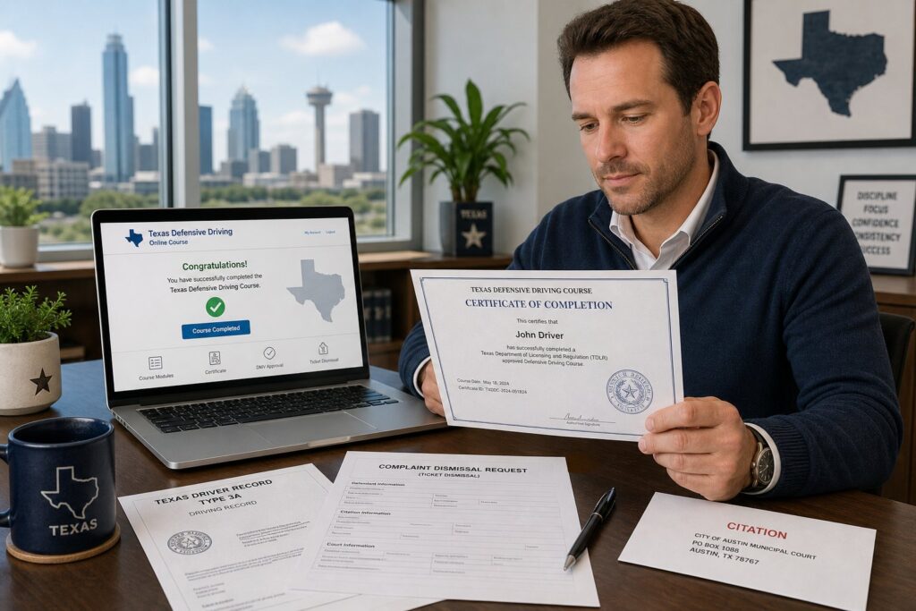Blog Articles 3 Texas defensive driving certificate with court and insurance paperwork on desk.