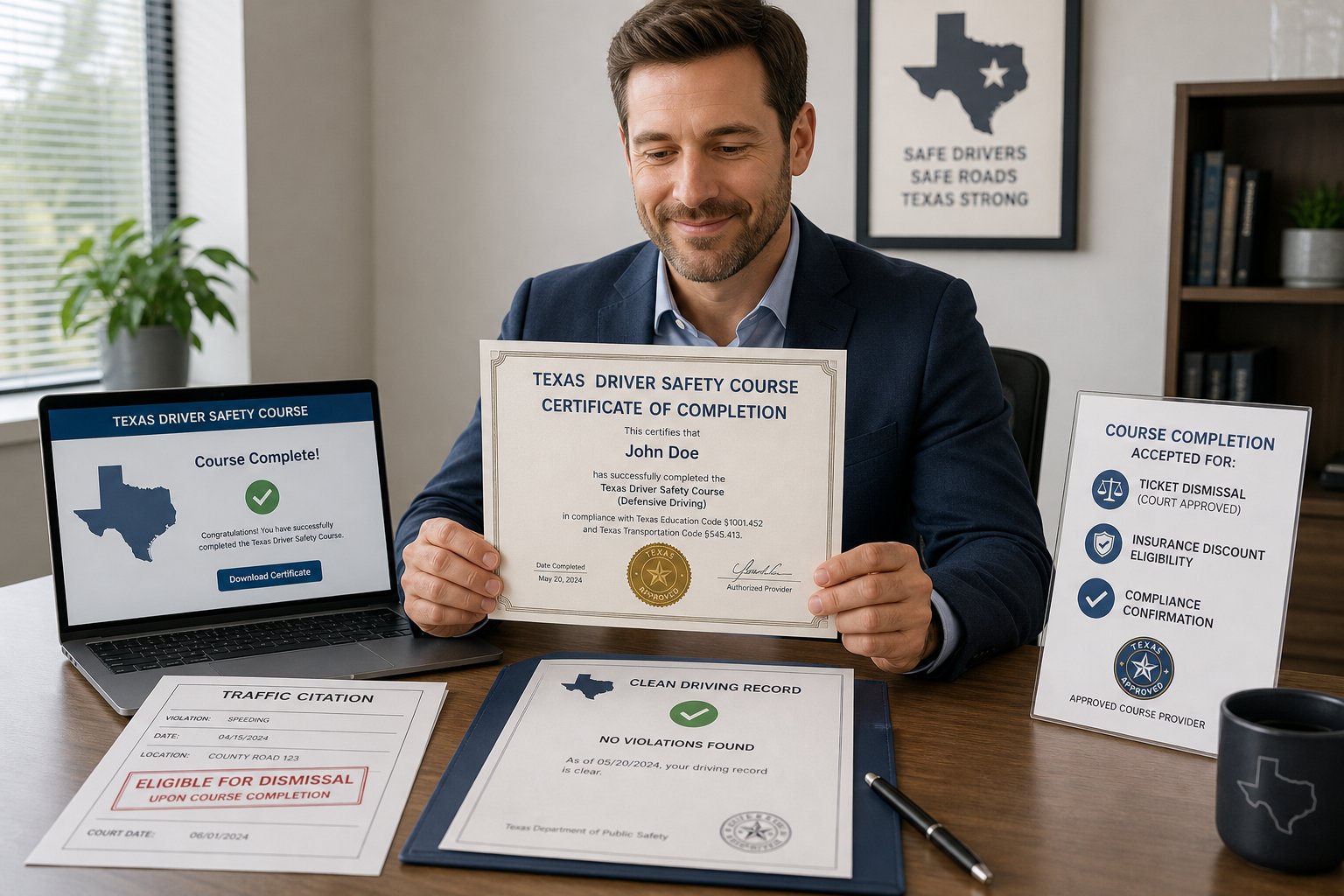 Texas Driver Safety Course Certificate: What It Is and How to Submit It 1 Texas defensive driving certificate with court and insurance paperwork on desk.
