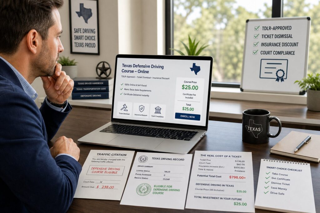 Blog Articles 2 Laptop showing Texas defensive driving course cost and online registration details.
