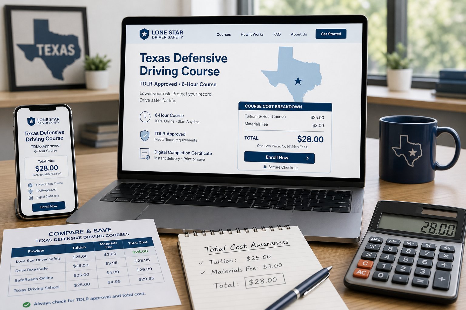 Texas Driver Safety Course Cost: What to Expect 1 Laptop showing Texas defensive driving course cost and online registration details.