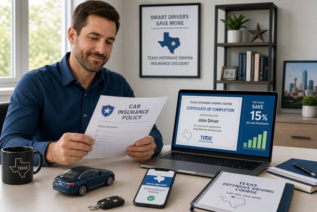 Blog Articles 10 Driver reviewing Texas defensive driving discount with an insurance advisor.