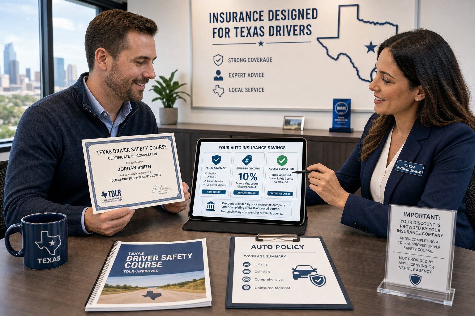Can the Texas Driver Safety Course Lower Your Car Insurance? 1 Driver reviewing Texas defensive driving discount with an insurance advisor.