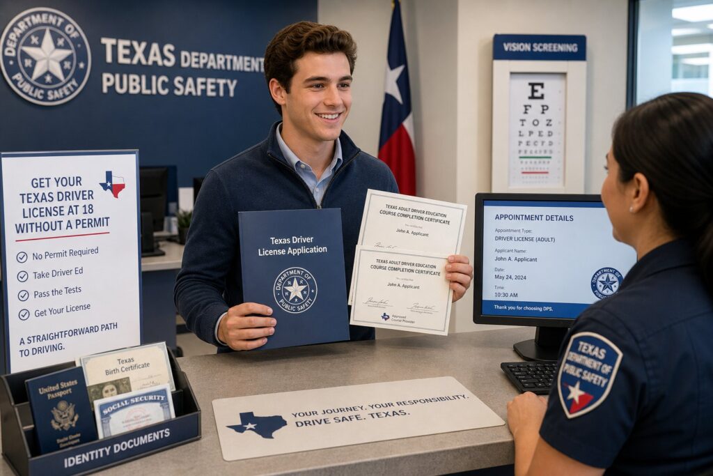 Blog Articles 9 18-year-old applying for a Texas driver’s license at a DPS office.