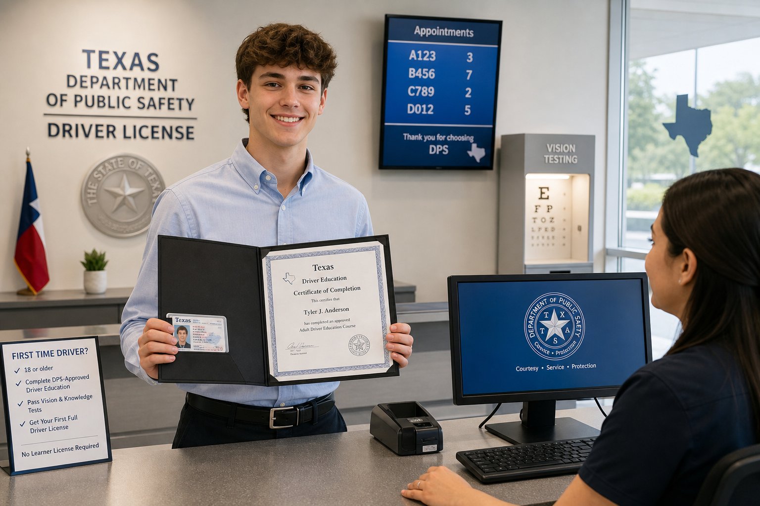 Can You Get a Texas Driver's License at 18 Without a Learner's Permit? 1 18-year-old applying for a Texas driver’s license at a DPS office.